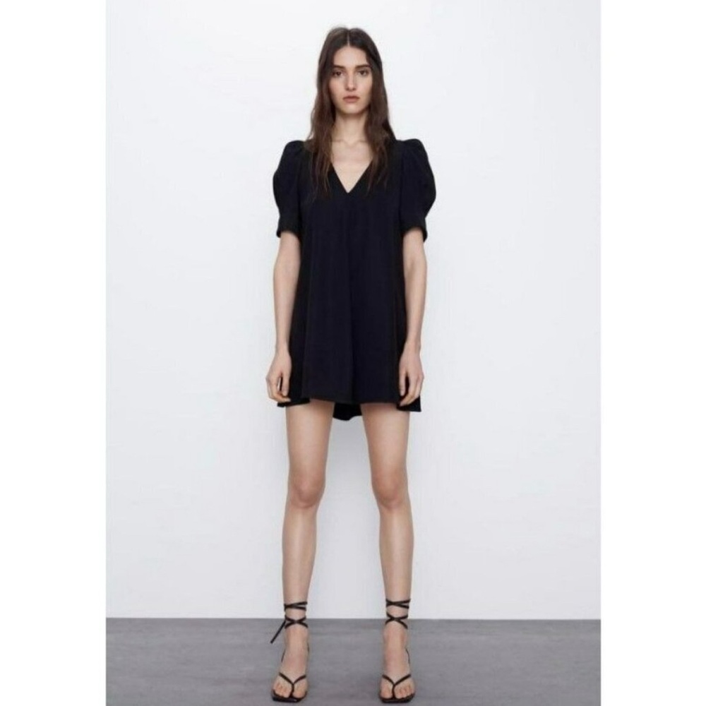 Zara Black V-Neck Puffed Sleeve Dress (nwot)